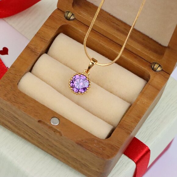 "Rose Gold Pendant with Round Purple Stone and Beaded Frame Accent, XPPT1608 - Picture 9 of 12